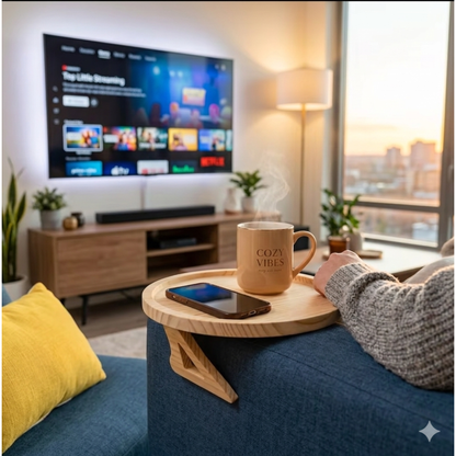 Striveira clip-on sofa tray with coffee mug and phone watching Netflix on couch